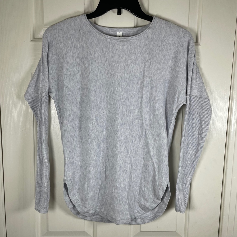 Lululemon Women's Heathered Light Grey Cotton Boat Neck Long Sleeve Top Size 4 - Picture 2 of 8